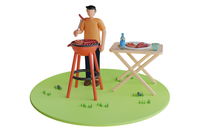 Homme faisant un barbecue dans la cour  3D Illustration