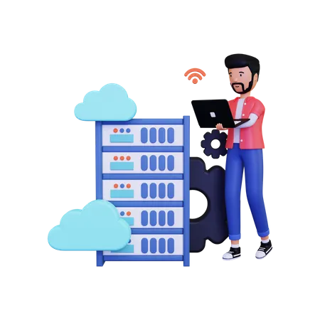 Homme faisant de l'hébergement Cloud avec un ordinateur portable  3D Illustration