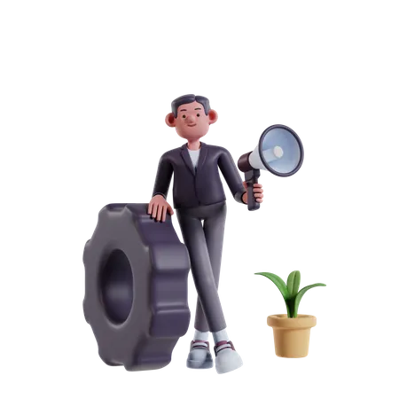 Homme faisant du marketing par mégaphone  3D Illustration