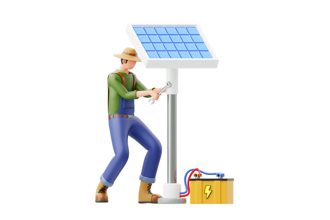 Homme réparant un panneau solaire  3D Illustration