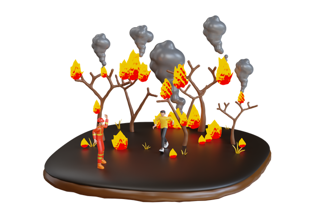 Homme fuyant les incendies de forêt  3D Illustration