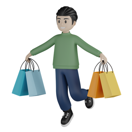 Heureux homme courant avec des sacs à provisions  3D Illustration