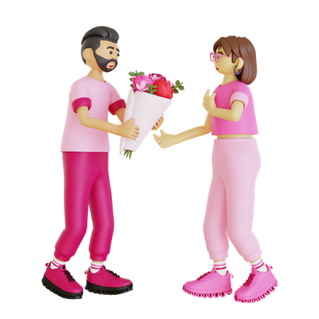 Homme heureux donnant un bouquet de fleurs à une fille  3D Illustration