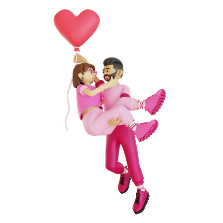 Heureux homme soulevant une fille avec un ballon coeur  3D Illustration