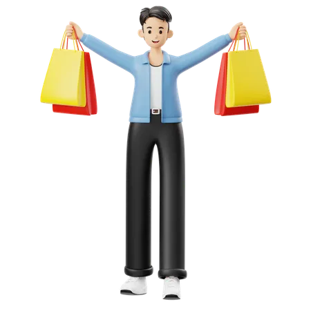 Homme heureux tenant des sacs de courses  3D Illustration