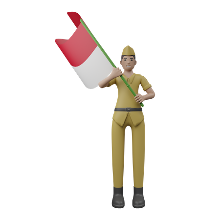 Homme indonésien tenant le drapeau indonésien  3D Illustration