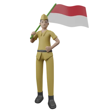 Homme indonésien tenant le drapeau indonésien  3D Illustration