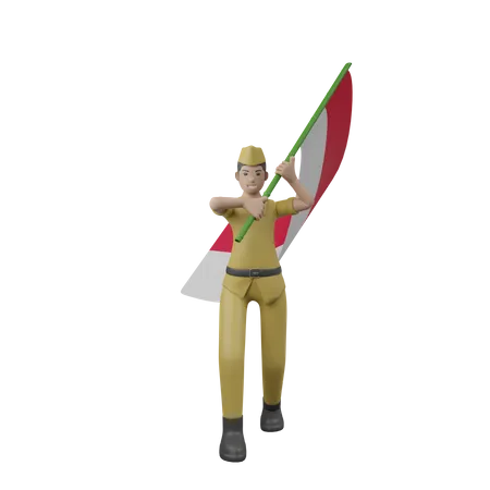 Homme indonésien tenant le drapeau indonésien  3D Illustration