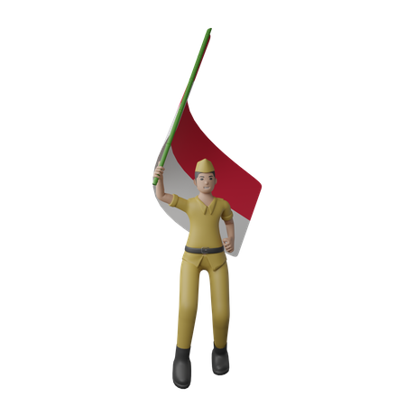 Homme indonésien tenant le drapeau indonésien  3D Illustration