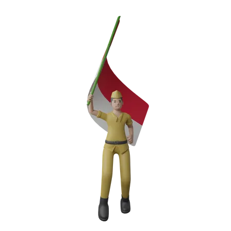 Homme indonésien tenant le drapeau indonésien  3D Illustration