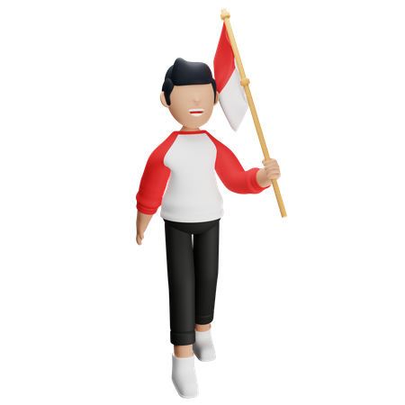 Homme indonésien tenant le drapeau indonésien  3D Illustration