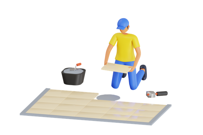 Homme installant des carreaux de sol en céramique  3D Illustration