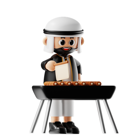 Un homme islamique coupe un steak de poulet  3D Illustration