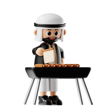 Un homme islamique coupe un steak de poulet  3D Illustration