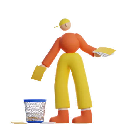 Un homme jette des déchets à la poubelle  3D Illustration