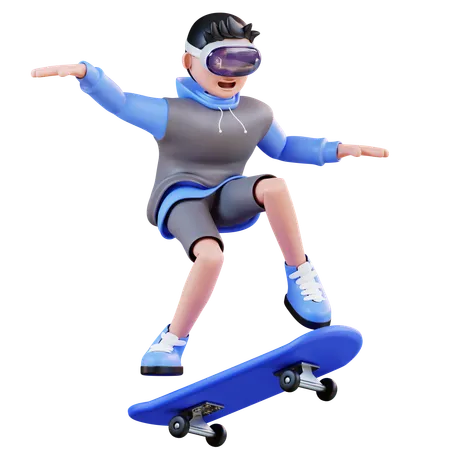 Homme jouant au skateboard en réalité virtuelle  3D Illustration