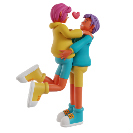 Homme soulevant une femme s'embrassant ensemble  3D Illustration