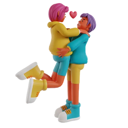 Homme soulevant une femme s'embrassant ensemble  3D Illustration