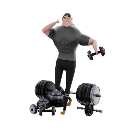 Homme soulevant des haltères dans une salle de sport  3D Illustration