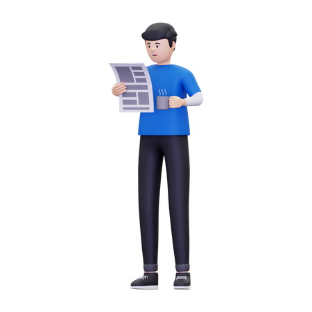 Homme lisant le journal en prenant un café  3D Illustration