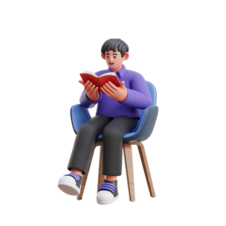 Homme lisant un livre assis sur une chaise  3D Illustration