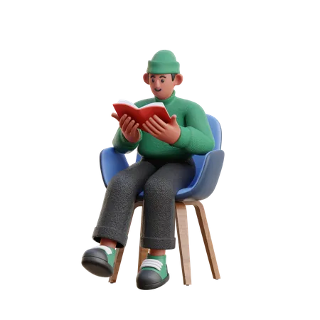 Homme lisant un livre assis sur une chaise  3D Illustration