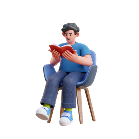 Homme lisant un livre assis sur une chaise  3D Illustration