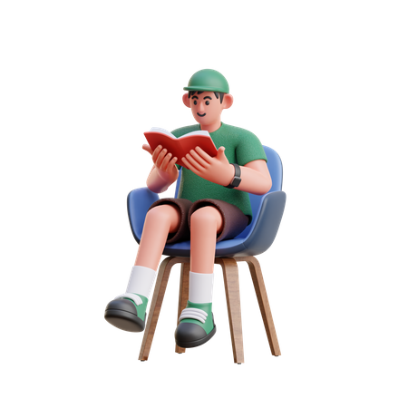 Homme lisant un livre assis sur une chaise  3D Illustration