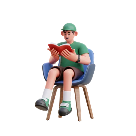 Homme lisant un livre assis sur une chaise  3D Illustration