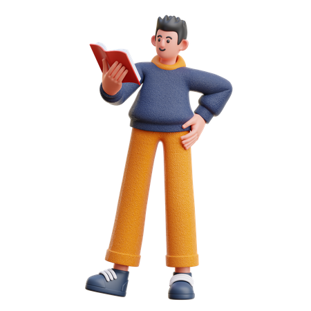 Homme lisant un livre en position debout  3D Illustration
