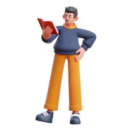 Homme lisant un livre en position debout  3D Illustration