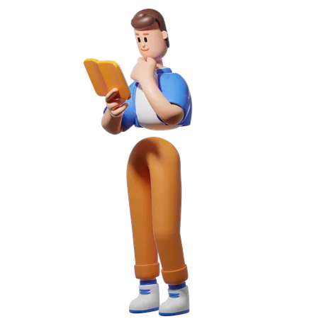 Un homme lit un livre sérieusement  3D Illustration