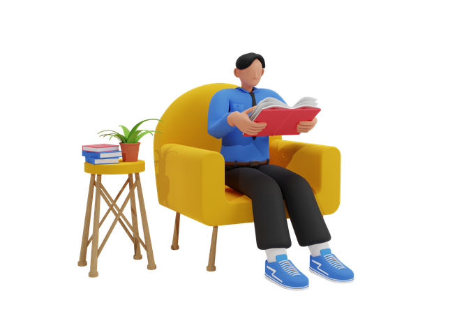 Homme lisant un livre sur le canapé  3D Illustration