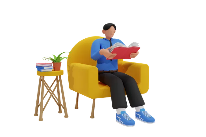 Homme lisant un livre sur le canapé  3D Illustration