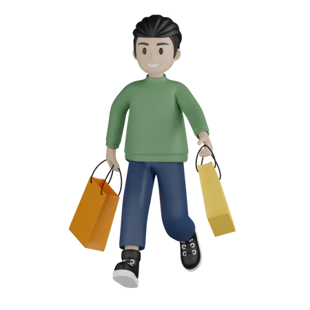 Homme marchant avec des sacs à provisions  3D Illustration