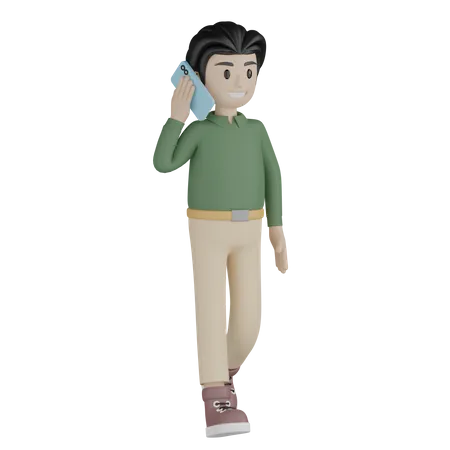 Homme marchant et parlant sur mobile  3D Illustration
