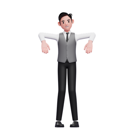 Homme pose de marionnette portant un gilet de bureau gris  3D Illustration