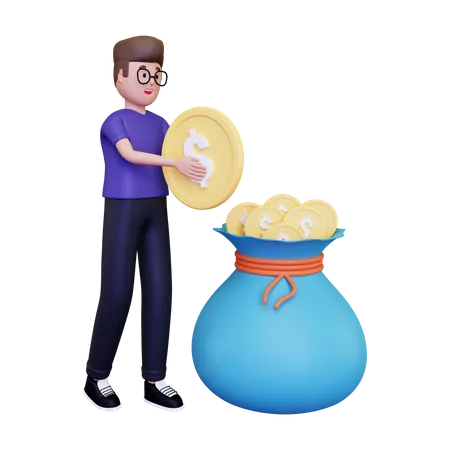 Homme mettant de l'argent dans un sac  3D Illustration