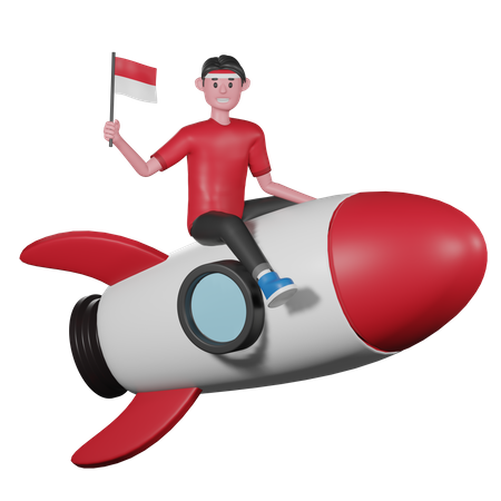 Homme chevauchant une fusée et tenant le drapeau de l'indonésie  3D Illustration