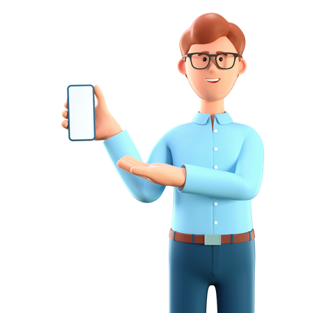 Homme montrant à l'écran du smartphone  3D Illustration