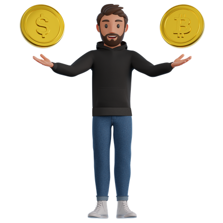 Homme montrant le dollar et le bitcoin  3D Illustration