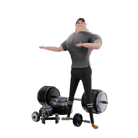 Homme montrant l'équipement de gymnastique  3D Illustration