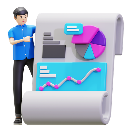 Un homme montre les résultats du rapport de données  3D Illustration