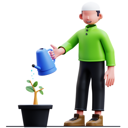 Homme musulman arrosant les plantes  3D Illustration