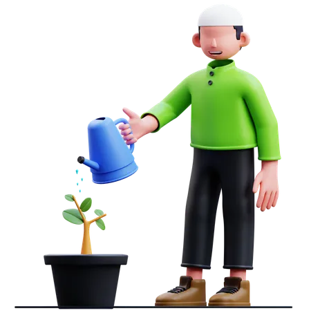 Homme musulman arrosant les plantes  3D Illustration