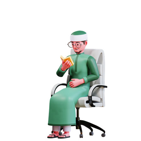 Homme musulman assis sur une chaise en lisant le Coran  3D Illustration