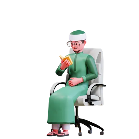 Homme musulman assis sur une chaise en lisant le Coran  3D Illustration