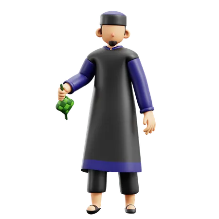 Homme musulman avec ketupat  3D Illustration