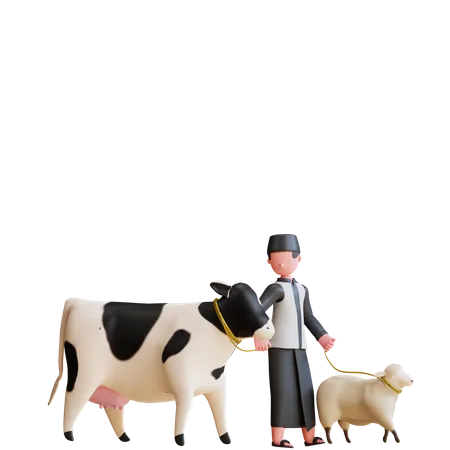 Homme musulman prenant soin des vaches et des moutons  3D Illustration