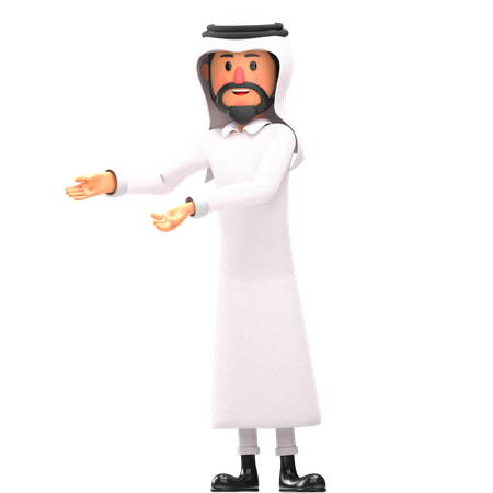 Homme musulman pointant quelque chose vers la gauche  3D Illustration